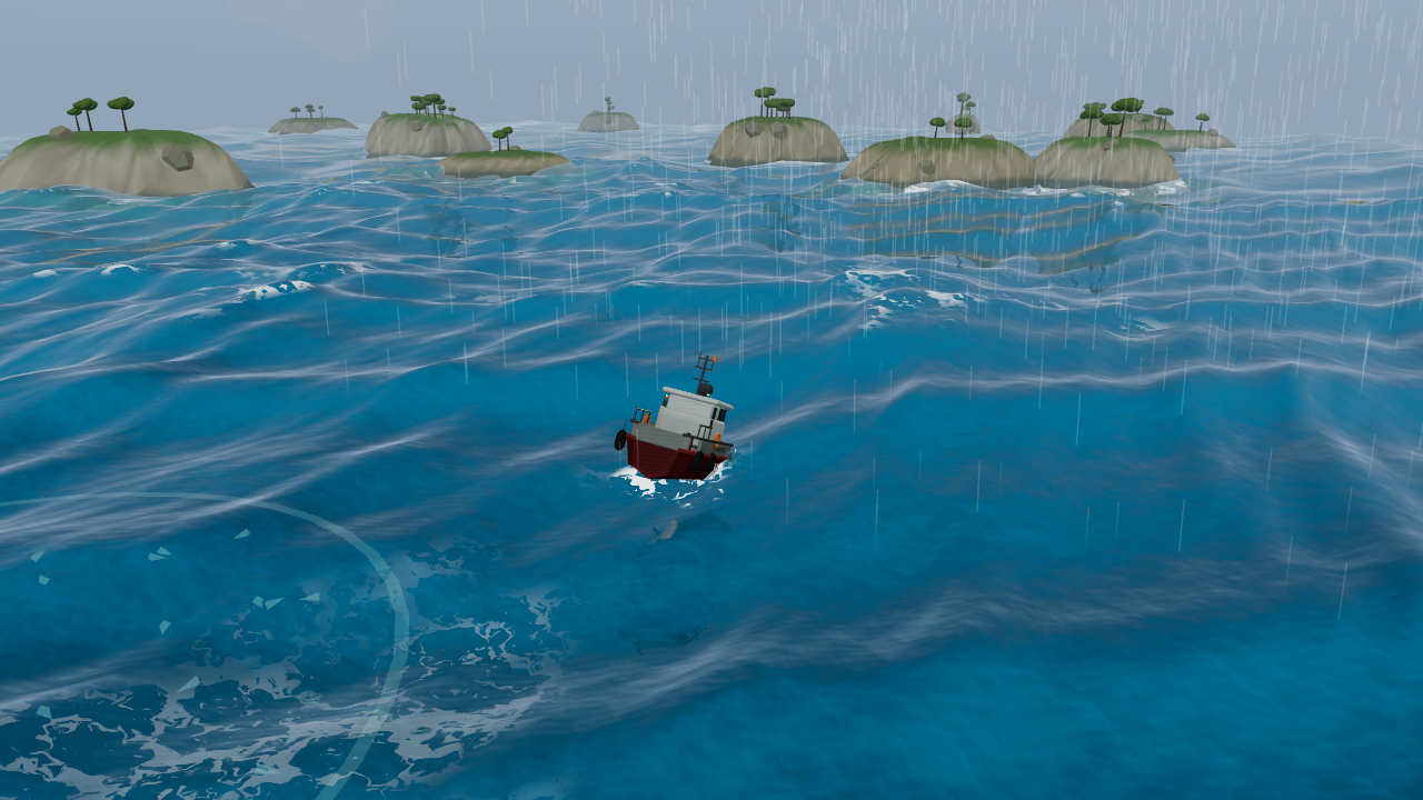 Barco navegando entre islas bajo la lluvia